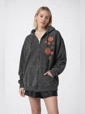 2Pac Tupac Rose Graphic Oversized Unisex Zip Hoodie Washed Black Streetwear Sz L